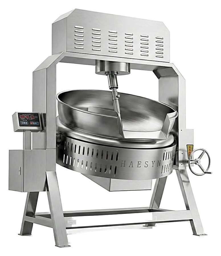 A Haesyn jacketed cooking mixer: stainless steel bowl, powered stirrer and tilting frame.