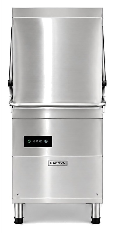 A Haesyn hood-type pass-through dishwasher, hood lowered.